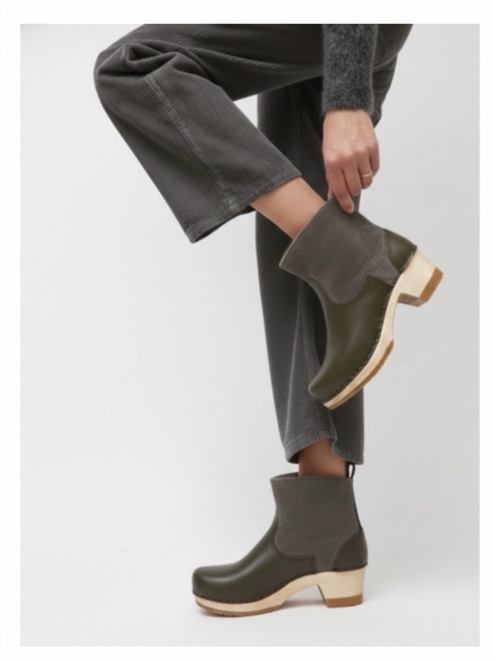 No. 6 Store 5inch Pull on Shearling Boot Mid Heel Smoke Gray Olive EU 36